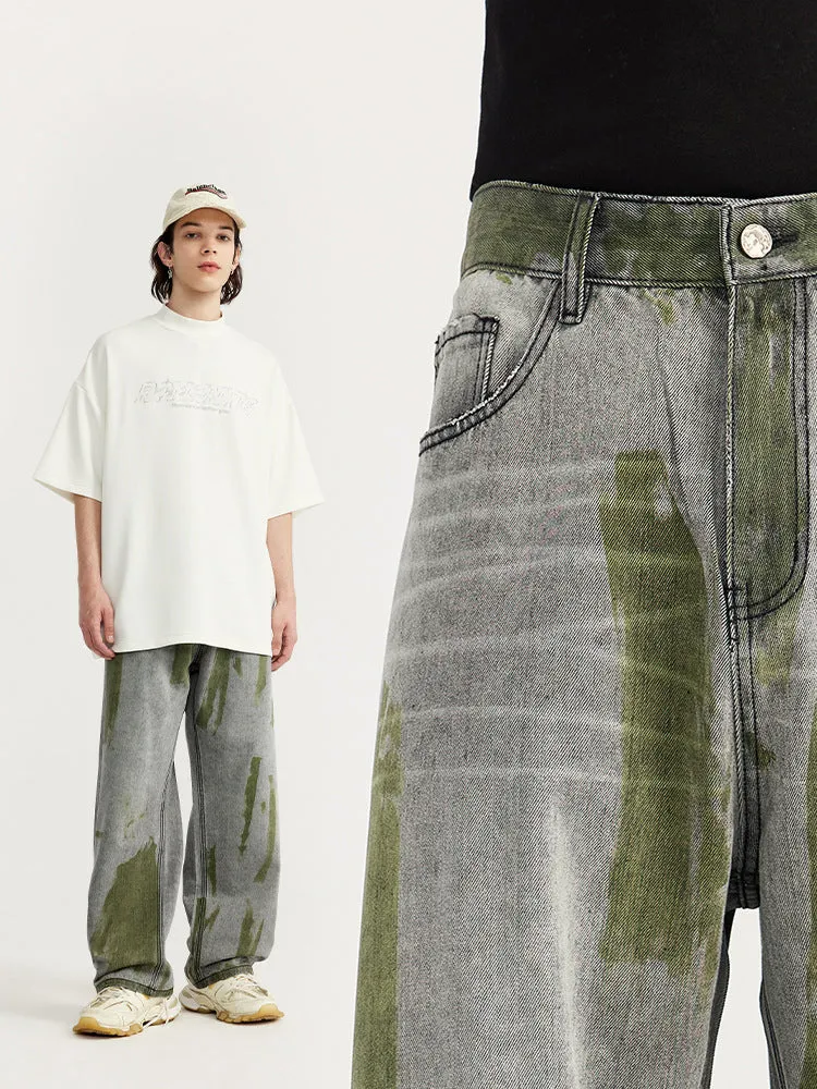 Loose-Fitting Contrast Color Hand-Painted Jeans