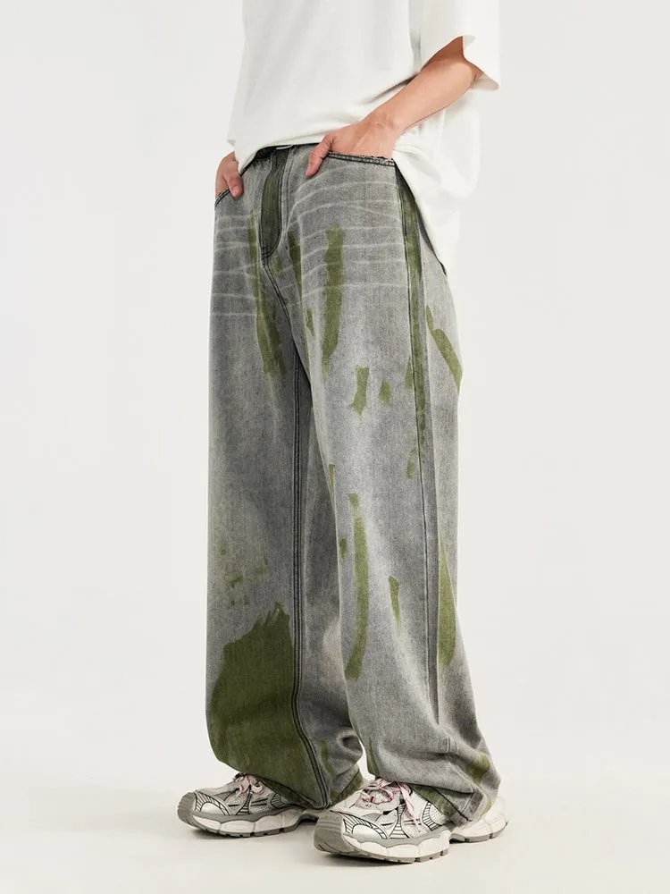 Loose-Fitting Contrast Color Hand-Painted Jeans