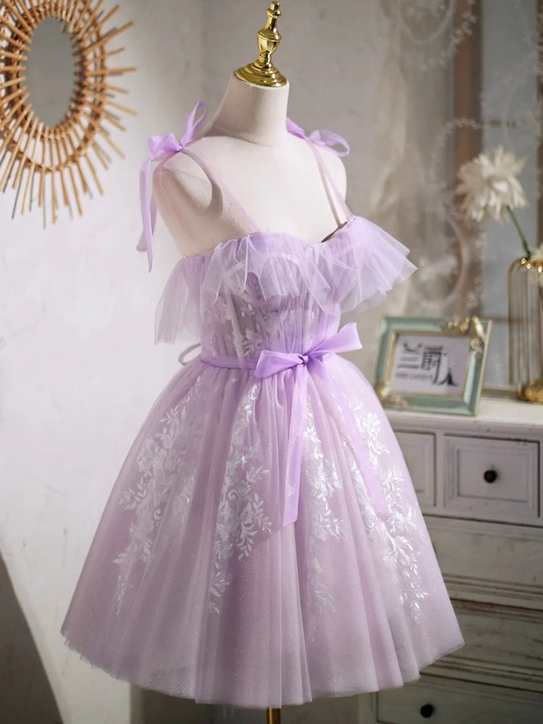 Lovely Spaghetti Strap Tulle Lace Short Prom Dress Lavender A-Line Party Dress