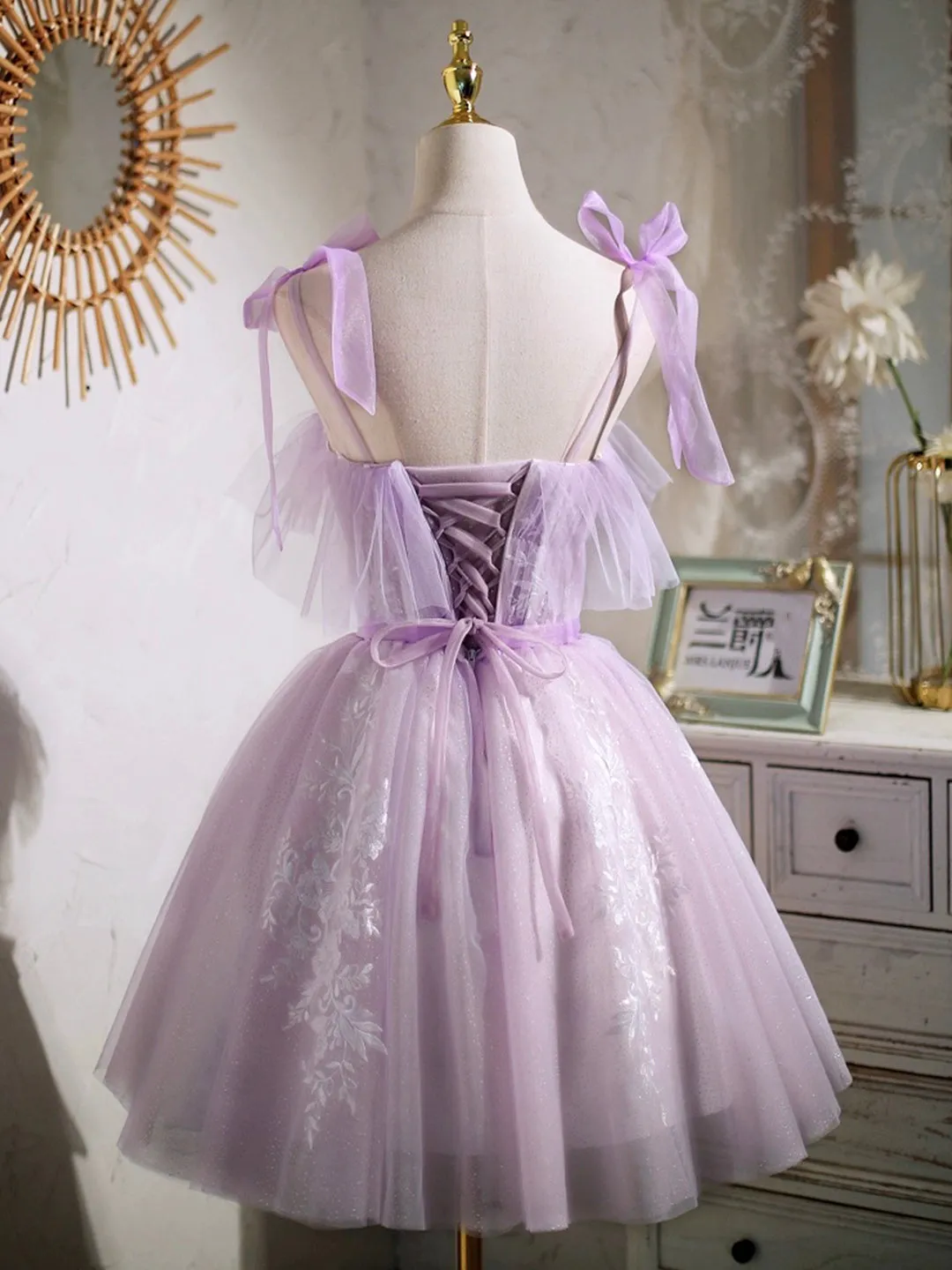 Lovely Spaghetti Strap Tulle Lace Short Prom Dress Lavender A-Line Party Dress