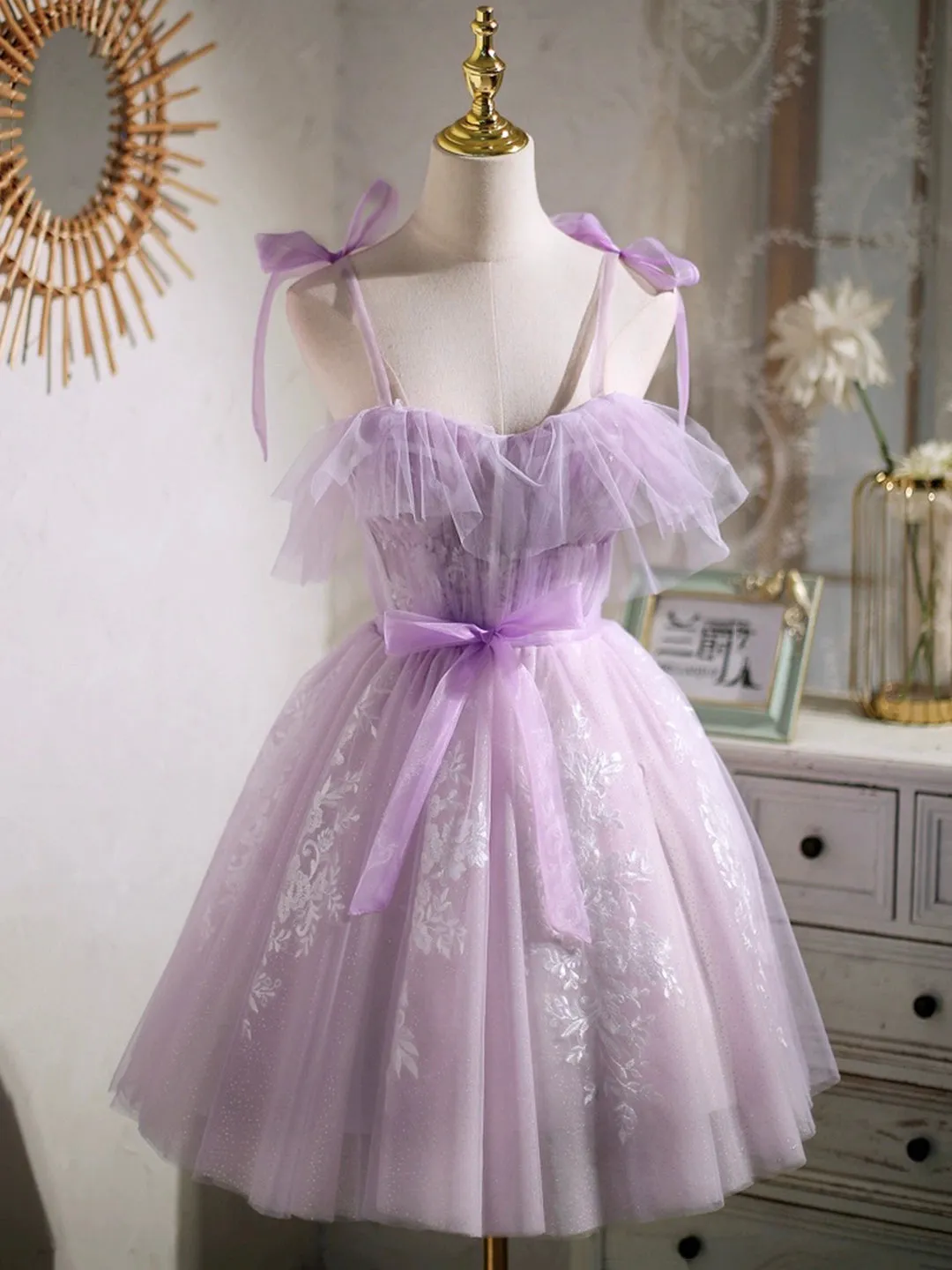 Lovely Spaghetti Strap Tulle Lace Short Prom Dress Lavender A-Line Party Dress