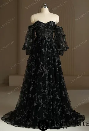 Luxury 3D Lace Appliqué Embroidery Detachable Sleeve Black Wedding Dress