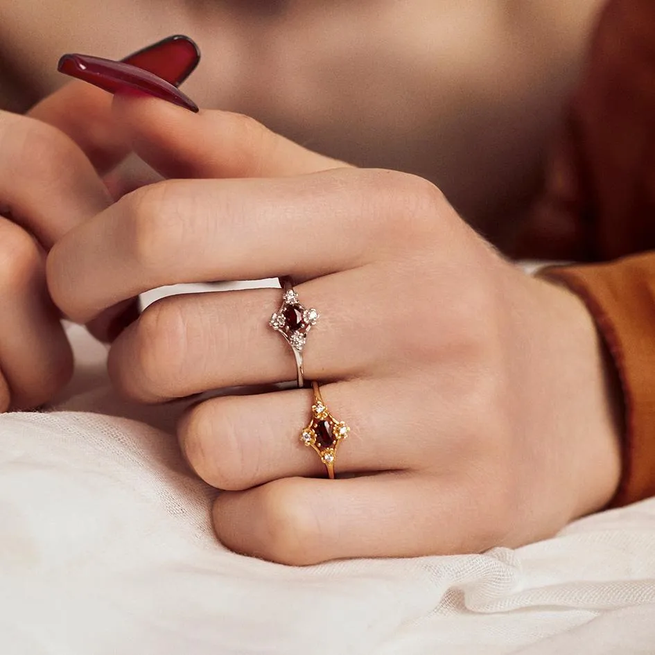 MARTHA. Ornate Garnet Floral Ring - Gold