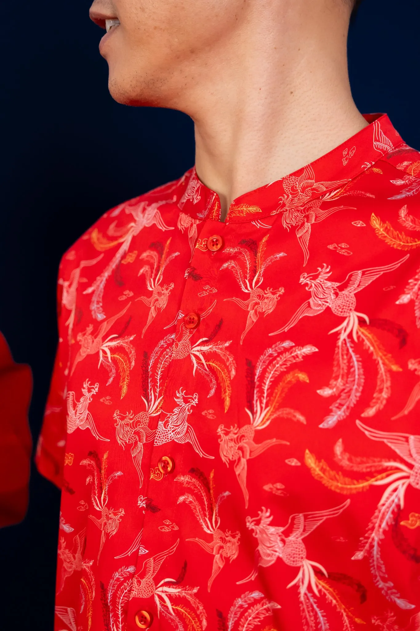 Men's Mandarin-collared Shirt - Red Phoenix