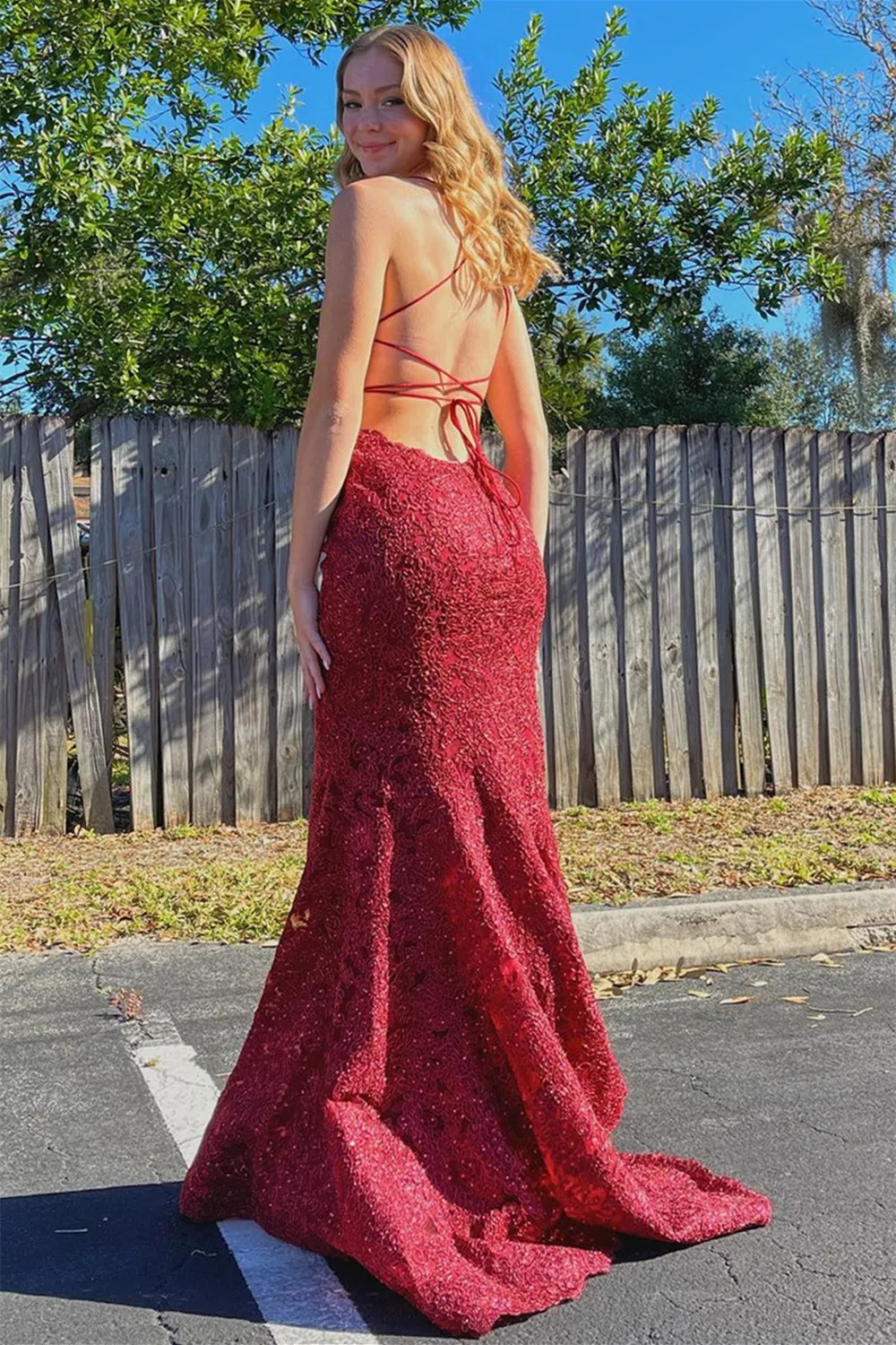 Mermaid Backless Burgundy Lace Long Prom Dress, Mermaid Burgundy Formal Dress, Burgundy Lace Evening Dress A1362