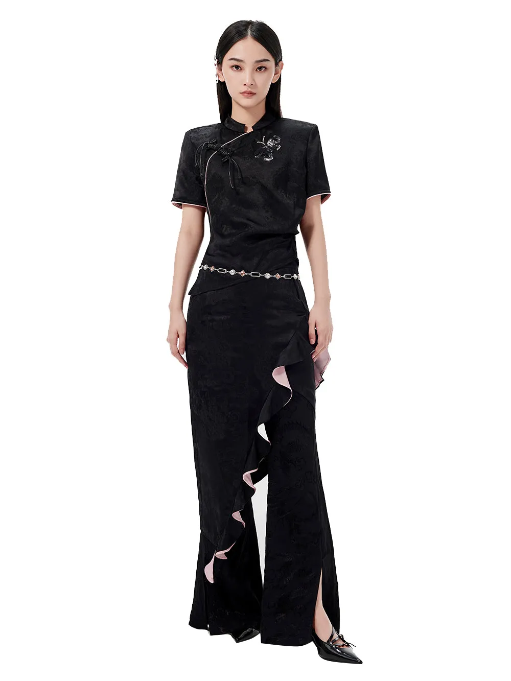 MUKZIN Black Slim Fit Jacquard Sequined Chinese Style Cheongsam T-shirt