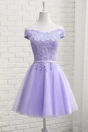 Off Shoulder Purple Lace Short Prom Dress Lilac Lace Homecoming Dress Short Purple Formal Evening Dress