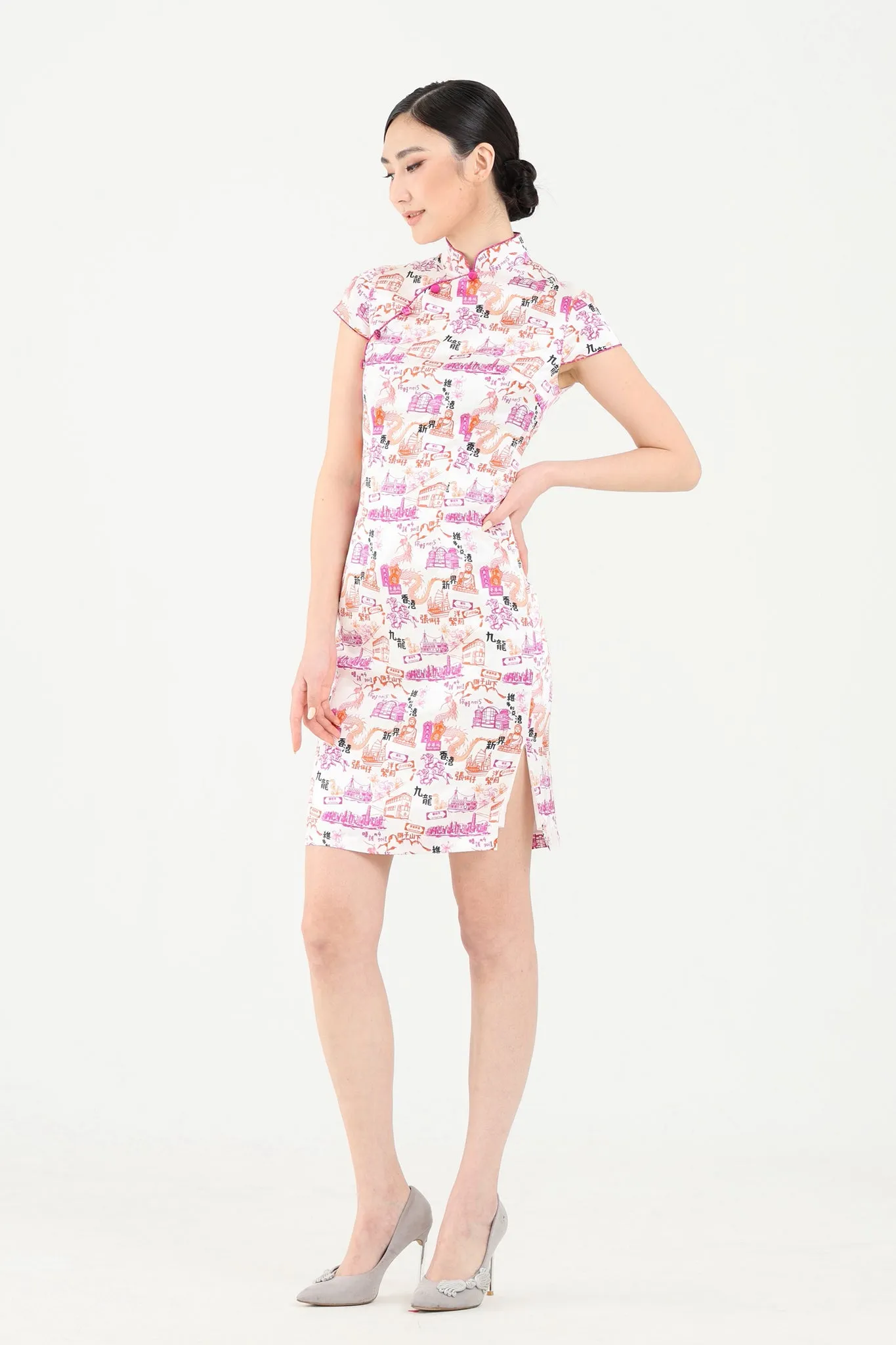 PANDORA HK Print Cheongsam (White/ Fuchsia)