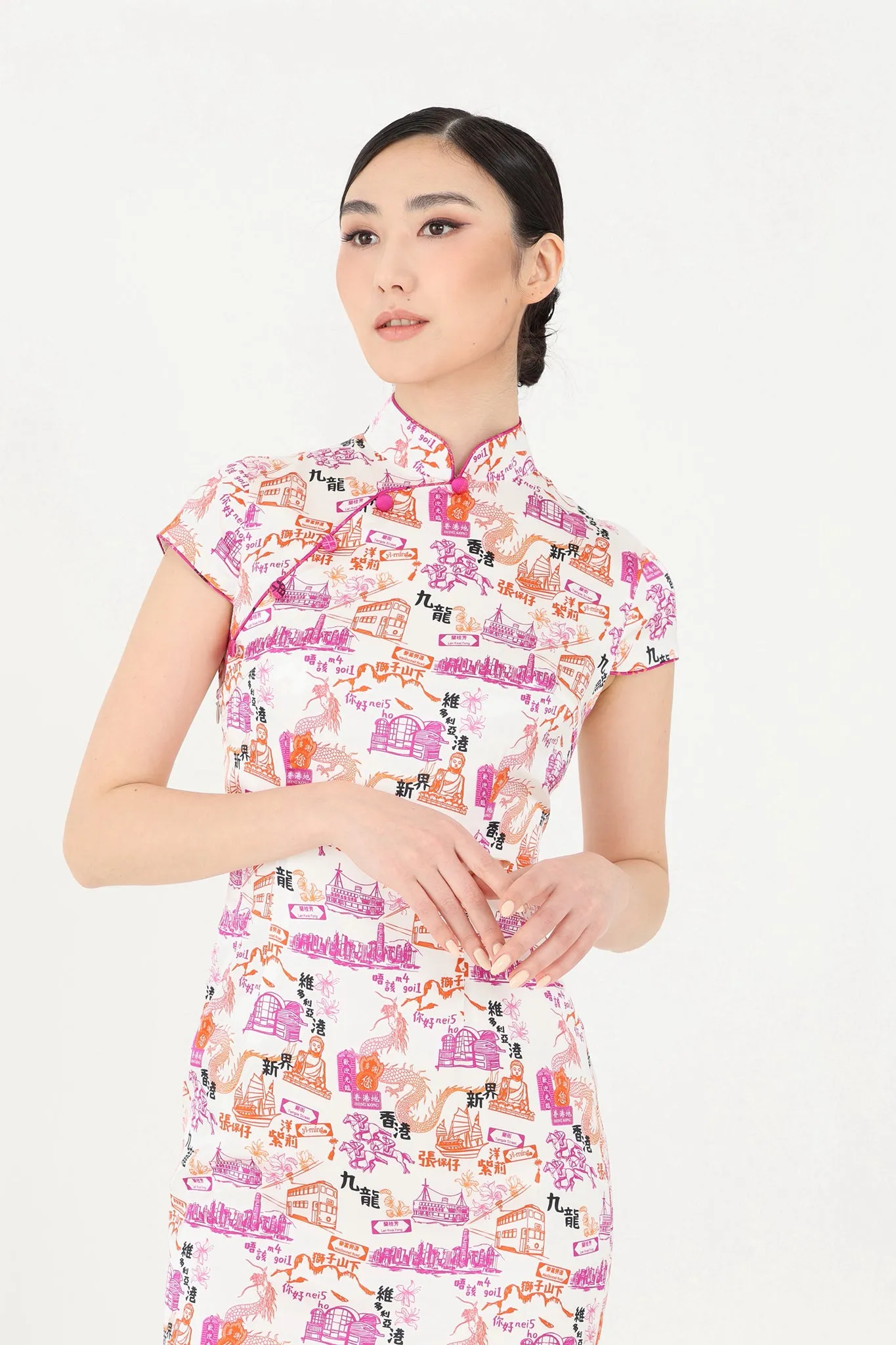 PANDORA HK Print Cheongsam (White/ Fuchsia)