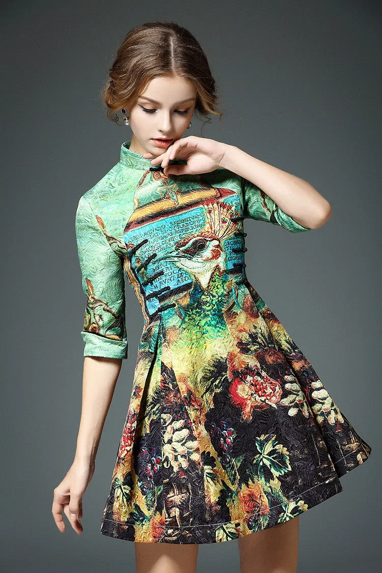 Peacock Print Jacquard Dress