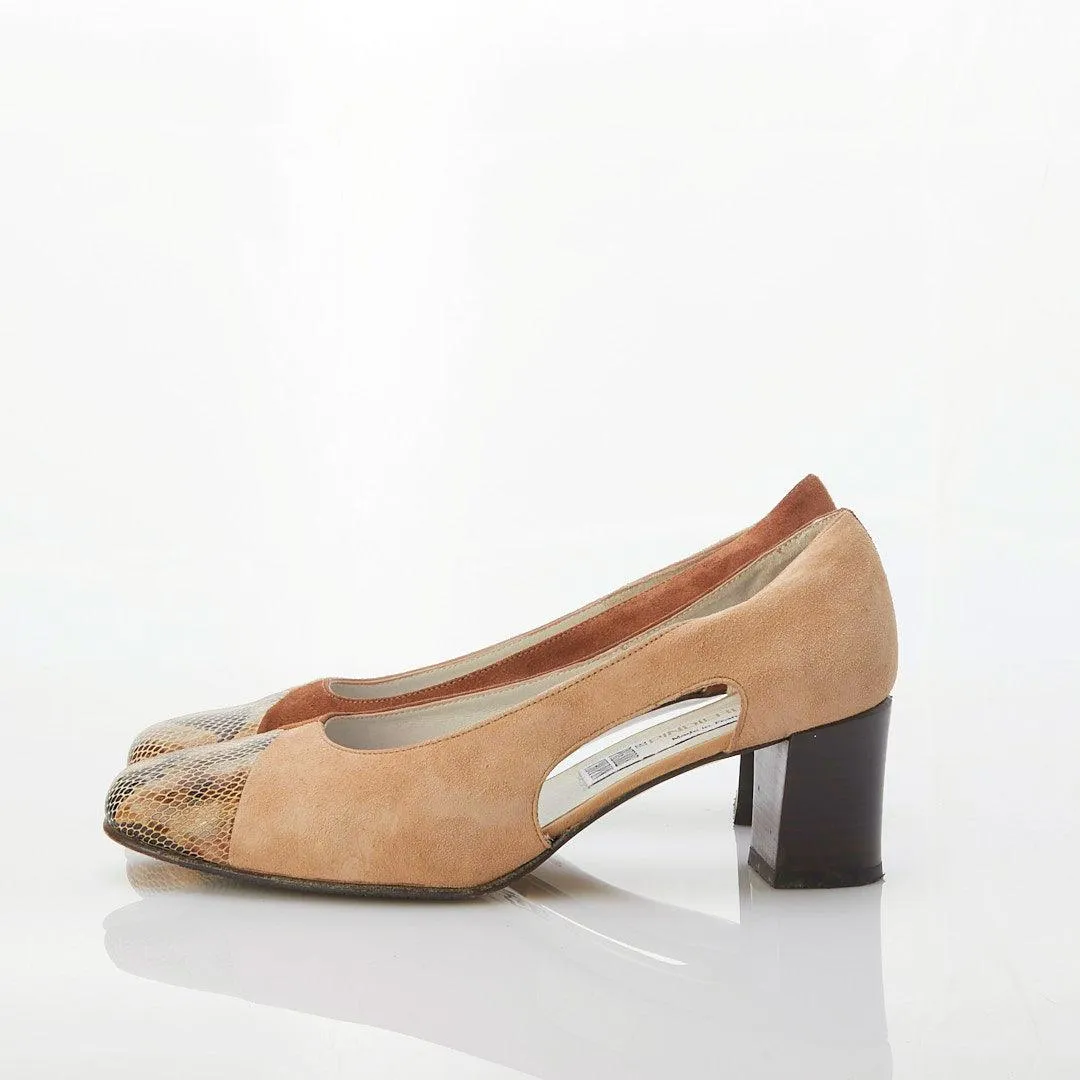 Pindiere Suede Two Tone Tan & Chestnut Court Style Shoe UK Size 6