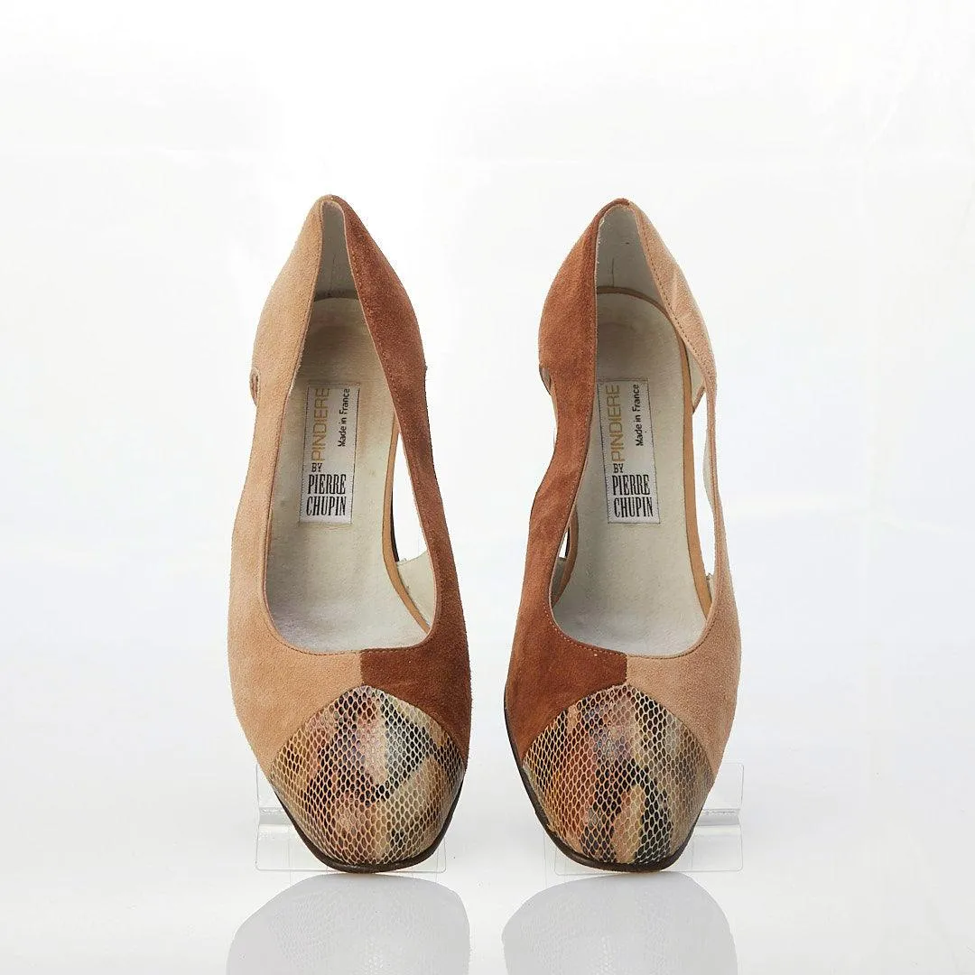 Pindiere Suede Two Tone Tan & Chestnut Court Style Shoe UK Size 6