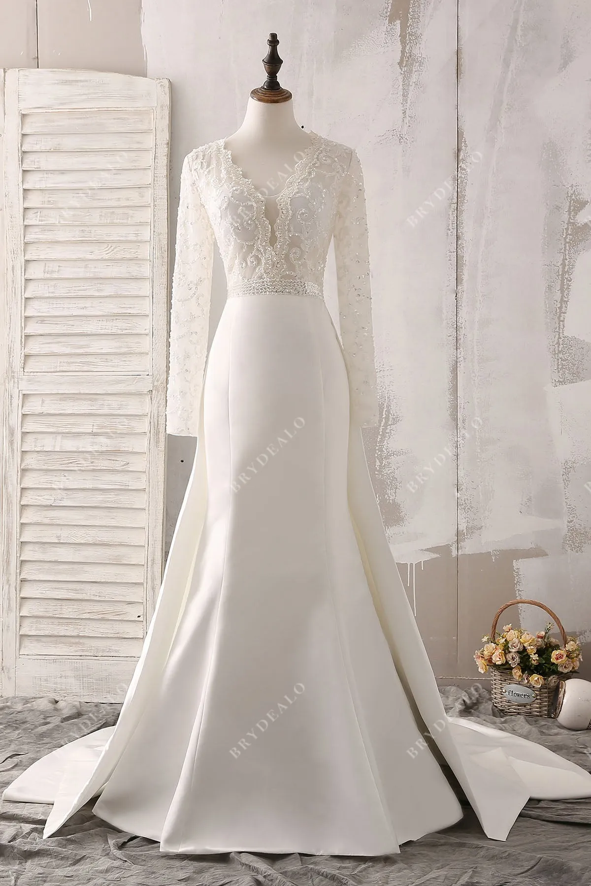 Plunging Neck Lace Satin Mermaid Modern Overskirt Wedding Dress