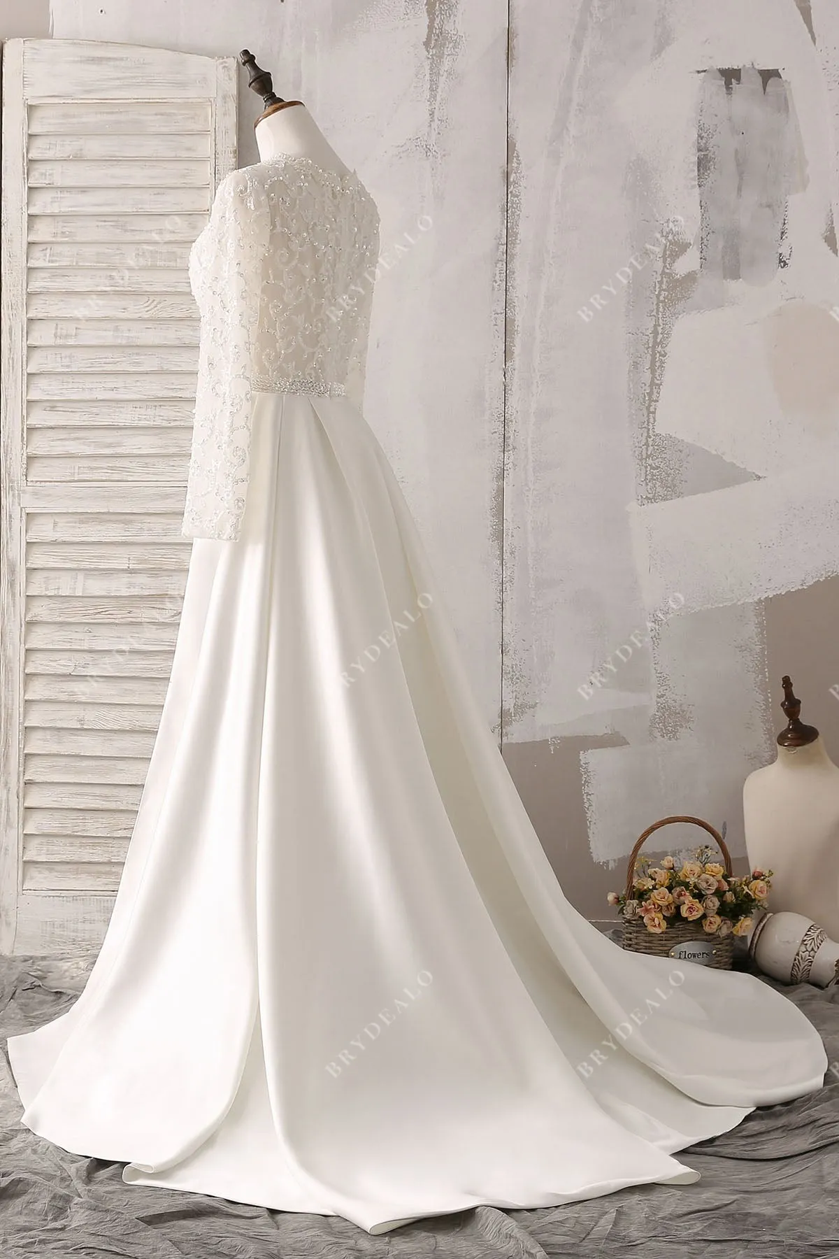 Plunging Neck Lace Satin Mermaid Modern Overskirt Wedding Dress