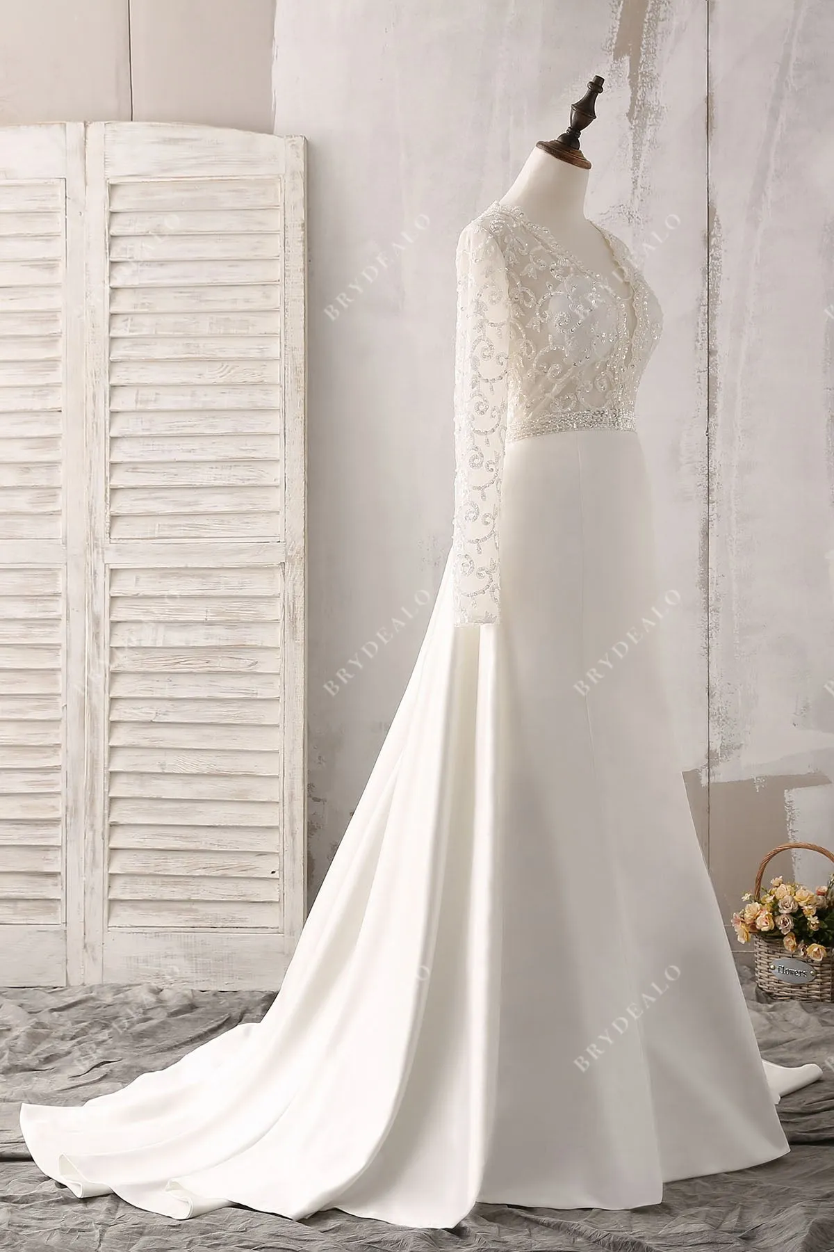 Plunging Neck Lace Satin Mermaid Modern Overskirt Wedding Dress