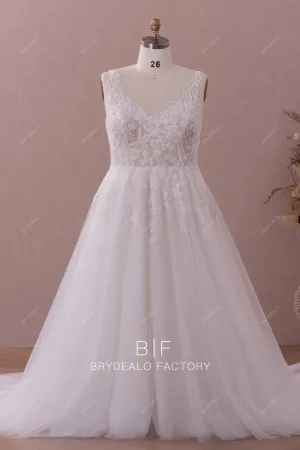 Plus Size Lace Straps Designer Beading A-line Tulle Wedding Dress