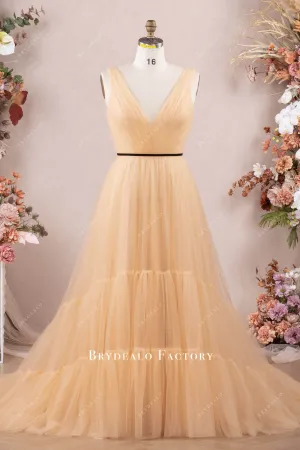 Plus Size Nude Beige Pleated Tulle V-neck Long Prom Dress