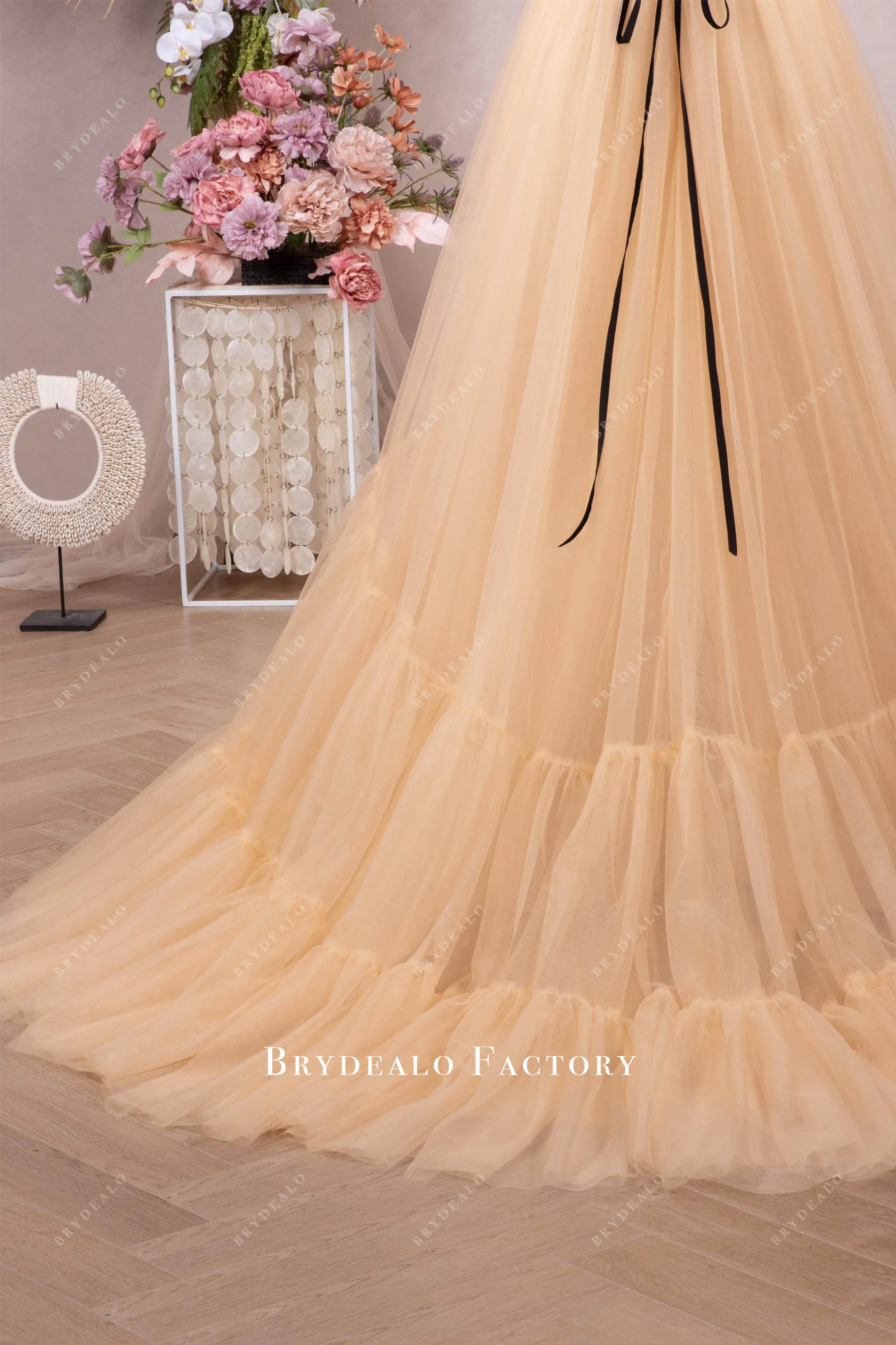 Plus Size Nude Beige Pleated Tulle V-neck Long Prom Dress