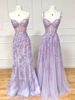 Purple Sweetheart Neck Lace Long Prom Dresses, Purple Lace Graduation Dress