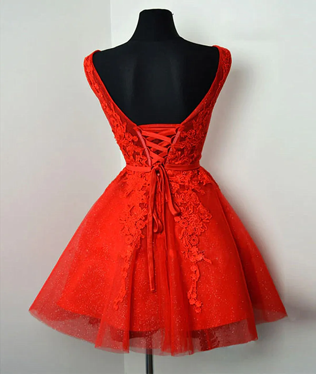 Red Lace Round Neckline Short Party Dress Red Short Homecoming Dress