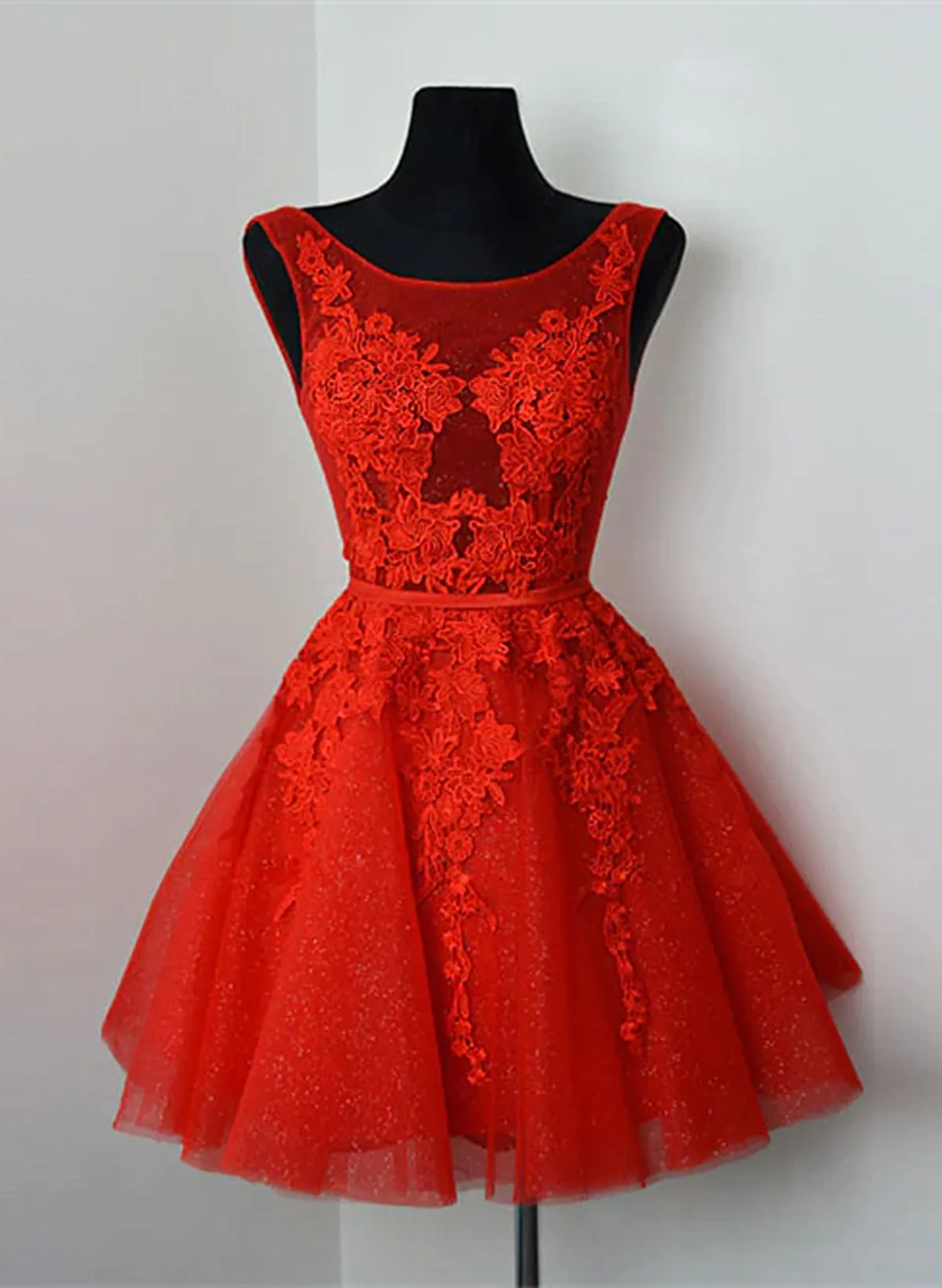 Red Lace Round Neckline Short Party Dress Red Short Homecoming Dress