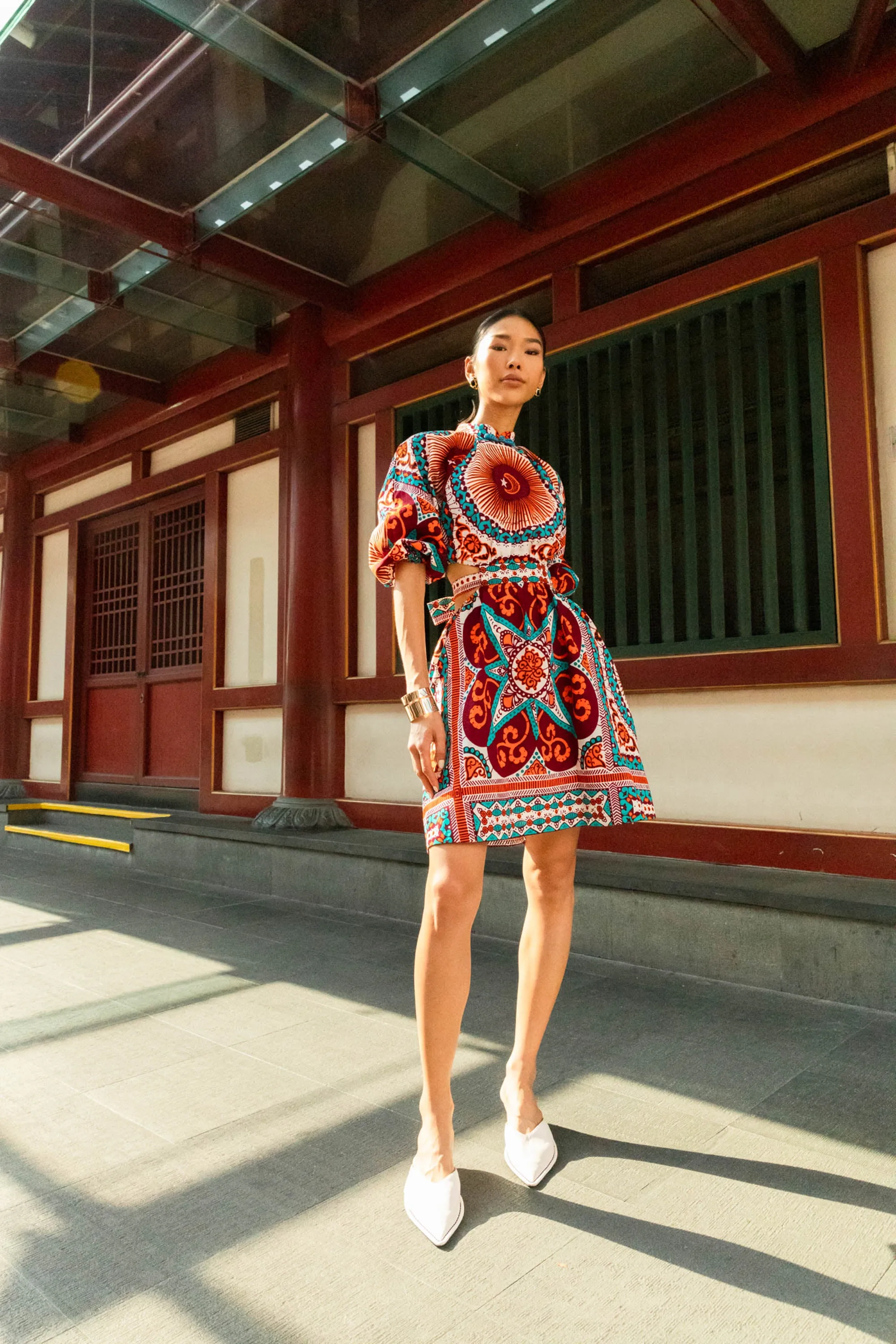 Rosemary Dress - Orange Cyan and White African Ankara Wax Cotton Print