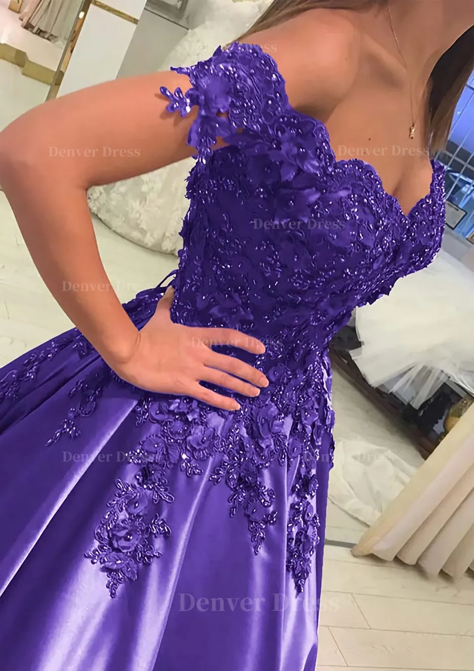 Satin Court Train A-Line/Princess Sleeveless Off-The-Shoulder Prom Dress With Appliqued