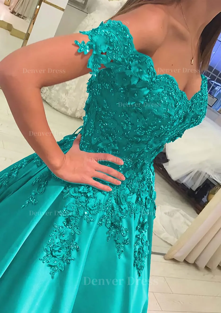 Satin Court Train A-Line/Princess Sleeveless Off-The-Shoulder Prom Dress With Appliqued