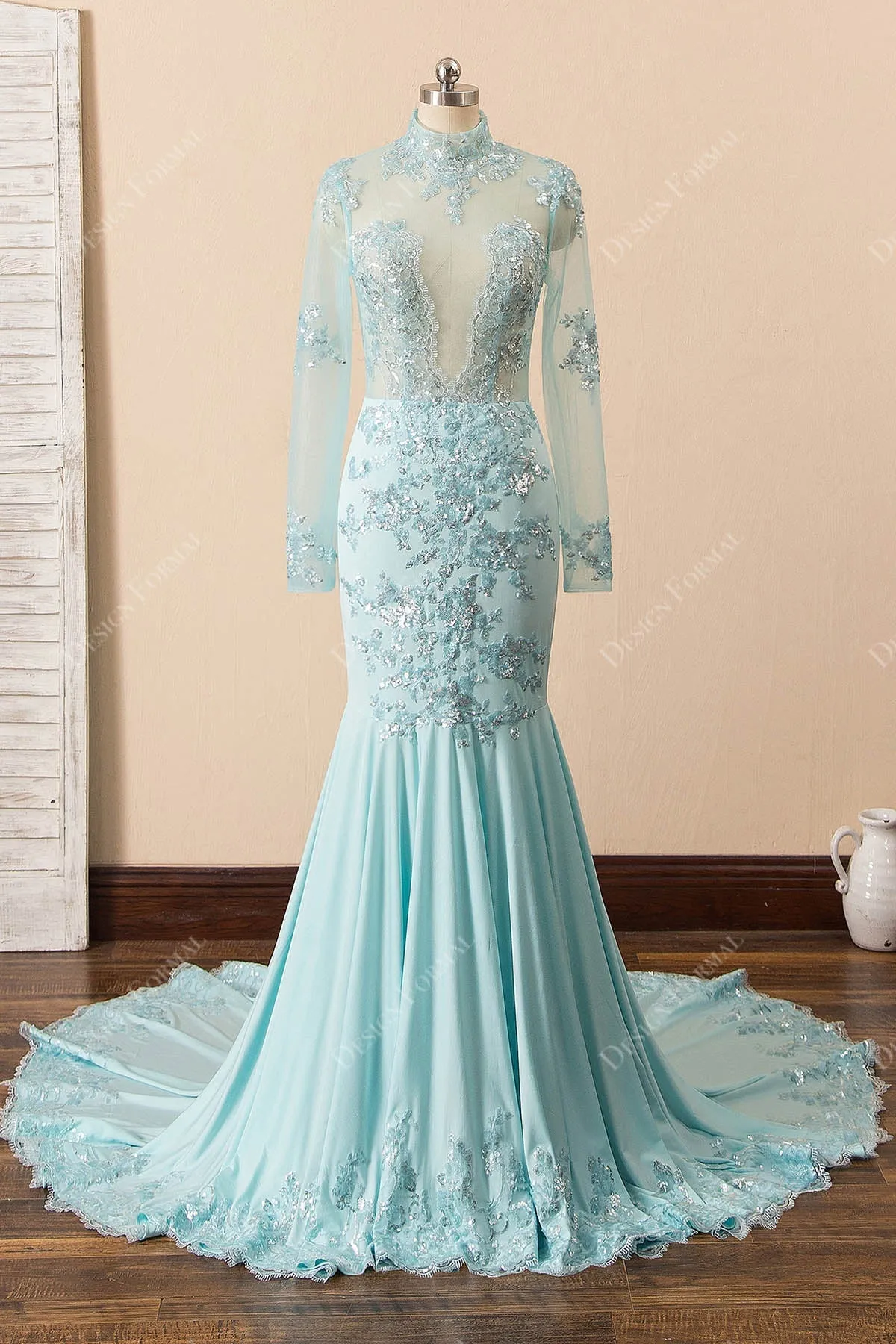 Sequin Turquoise Illusion Mermaid Sexy Plunging Long Sleeve Prom Dress