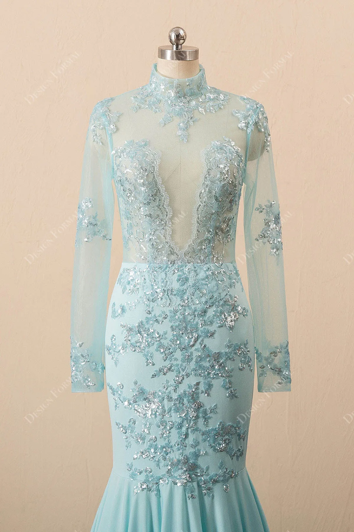 Sequin Turquoise Illusion Mermaid Sexy Plunging Long Sleeve Prom Dress