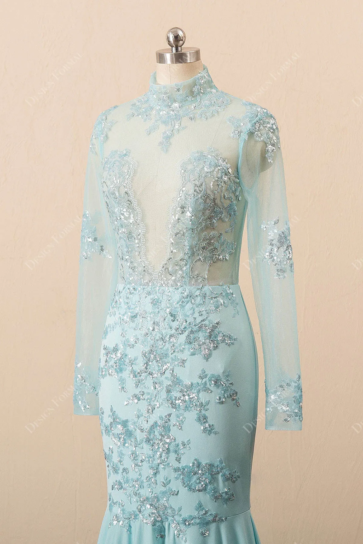 Sequin Turquoise Illusion Mermaid Sexy Plunging Long Sleeve Prom Dress