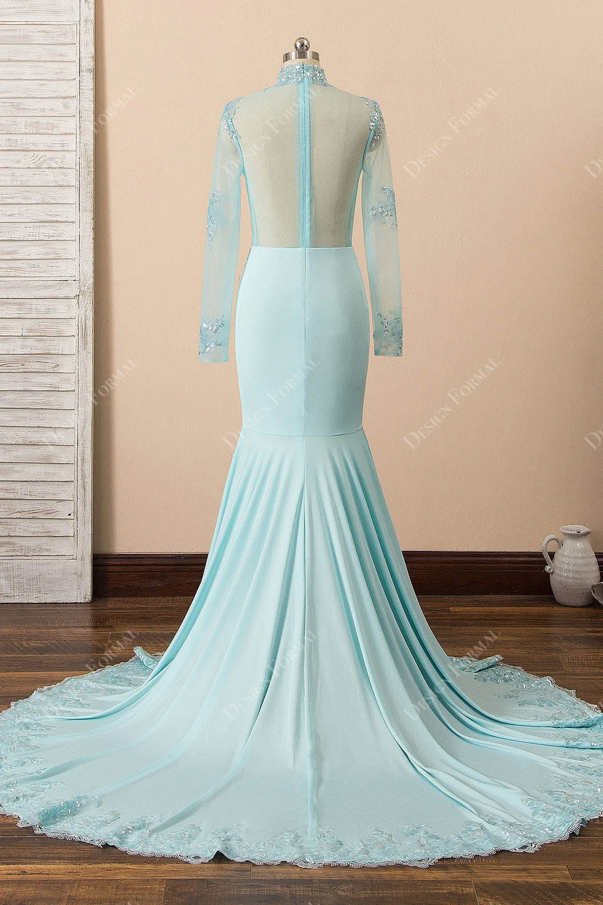 Sequin Turquoise Illusion Mermaid Sexy Plunging Long Sleeve Prom Dress