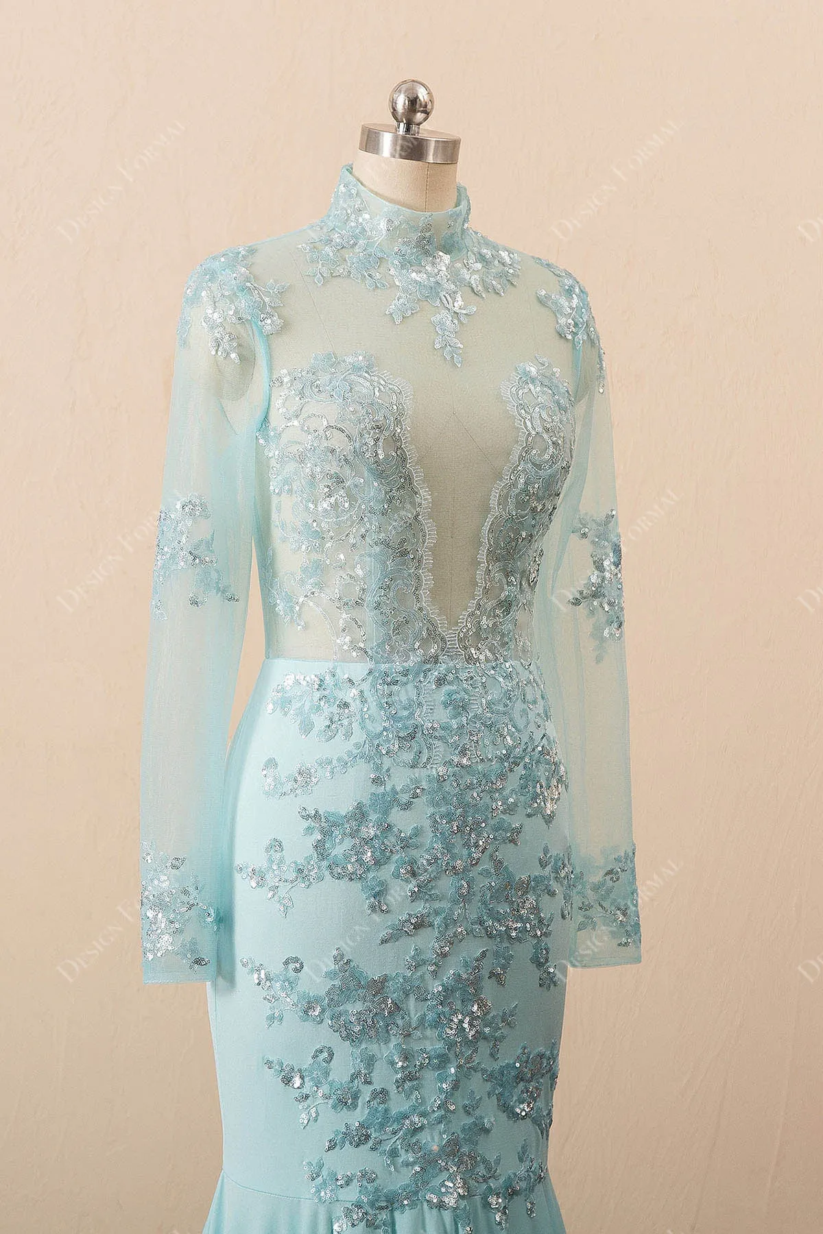 Sequin Turquoise Illusion Mermaid Sexy Plunging Long Sleeve Prom Dress