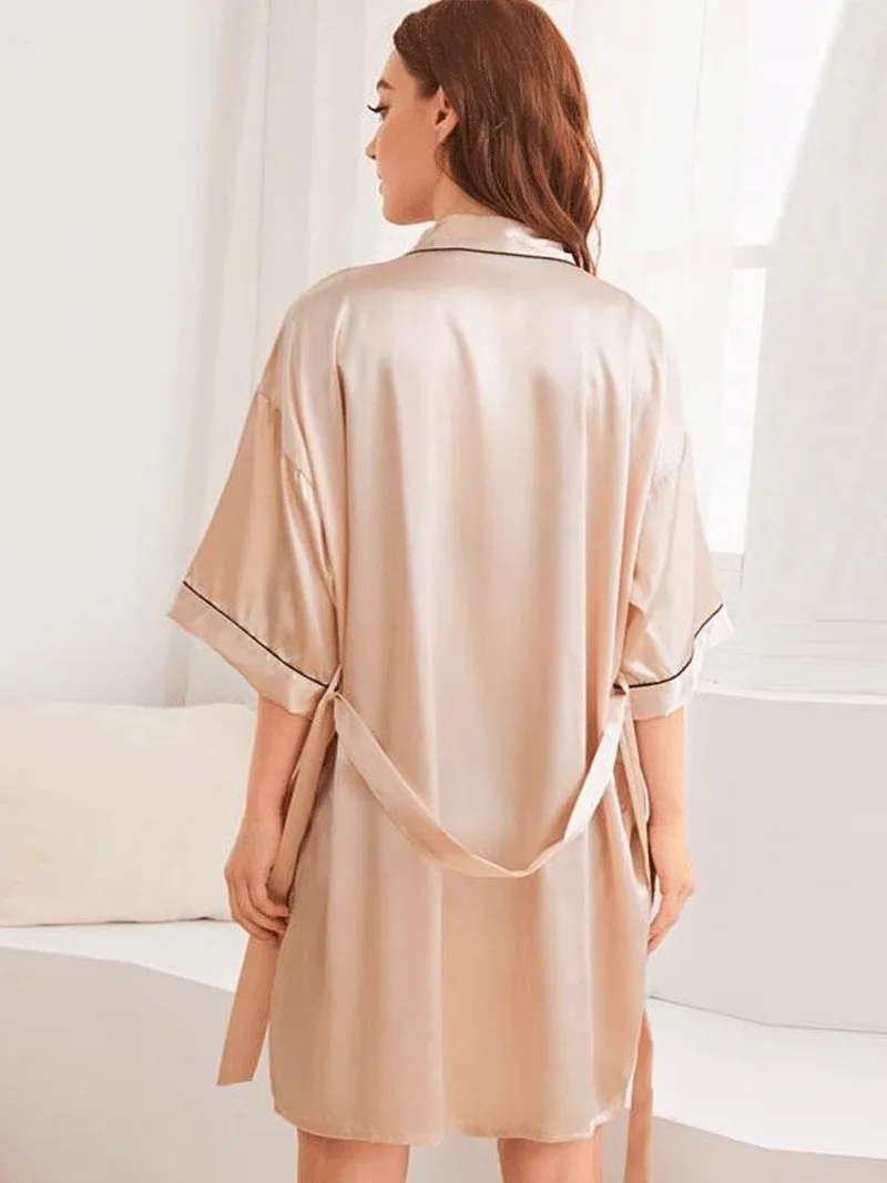 Silk Kimono Robe Plain Beige Color Short Length Gown Kimono Duster Robe