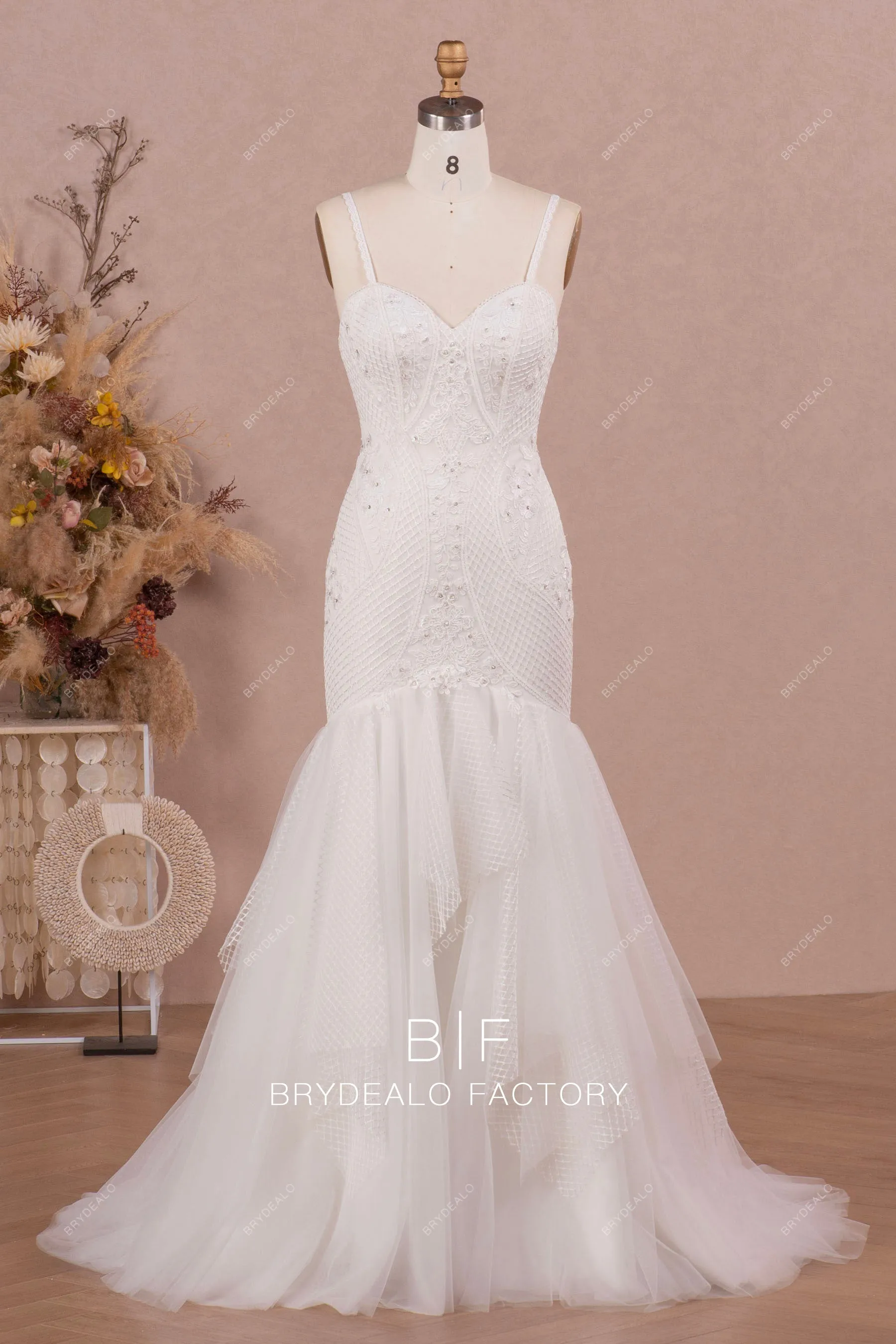 Spaghetti Straps Sweetheart Neck Rhinestones Lace Trumpet Wedding Dress