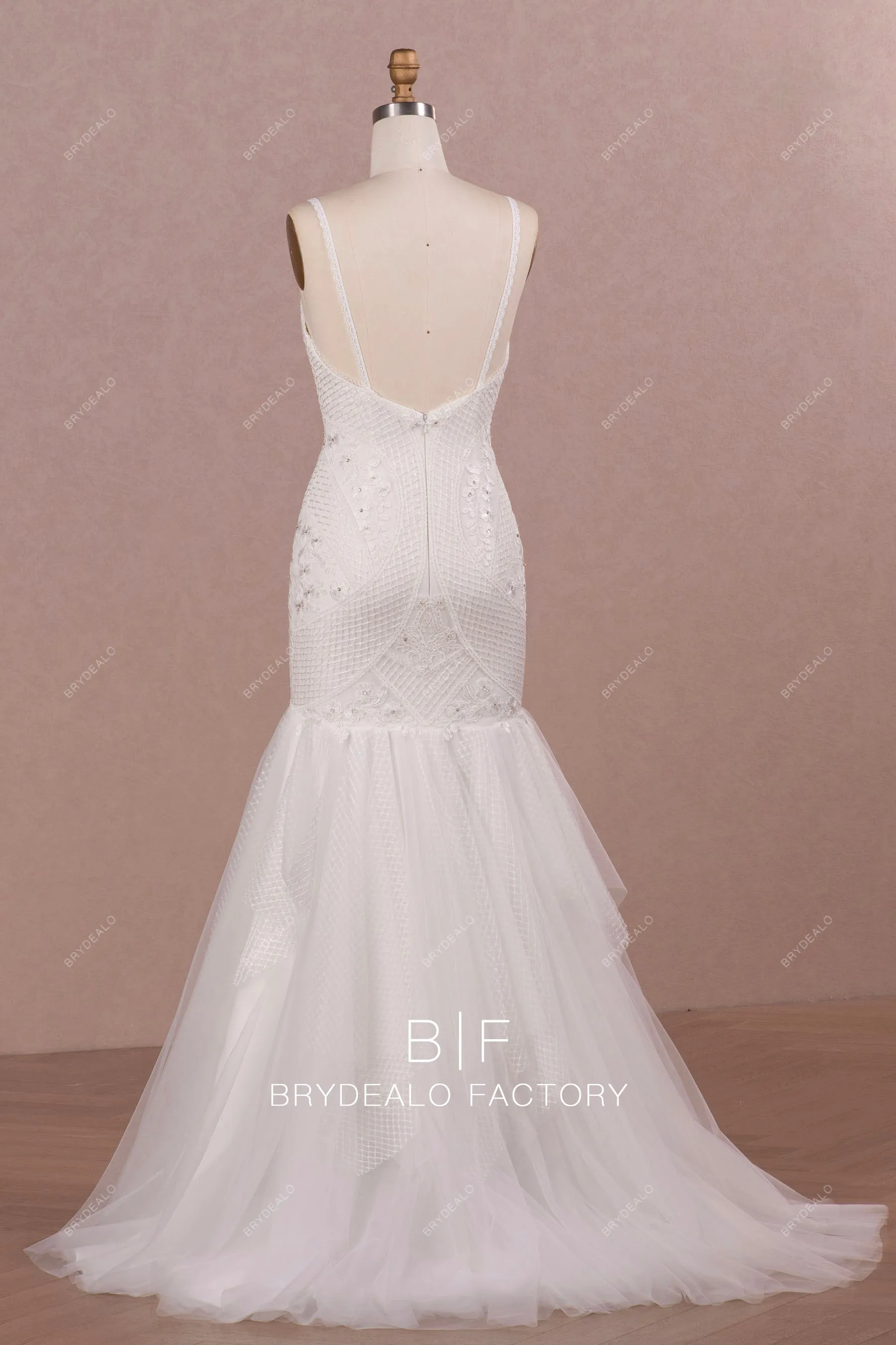 Spaghetti Straps Sweetheart Neck Rhinestones Lace Trumpet Wedding Dress