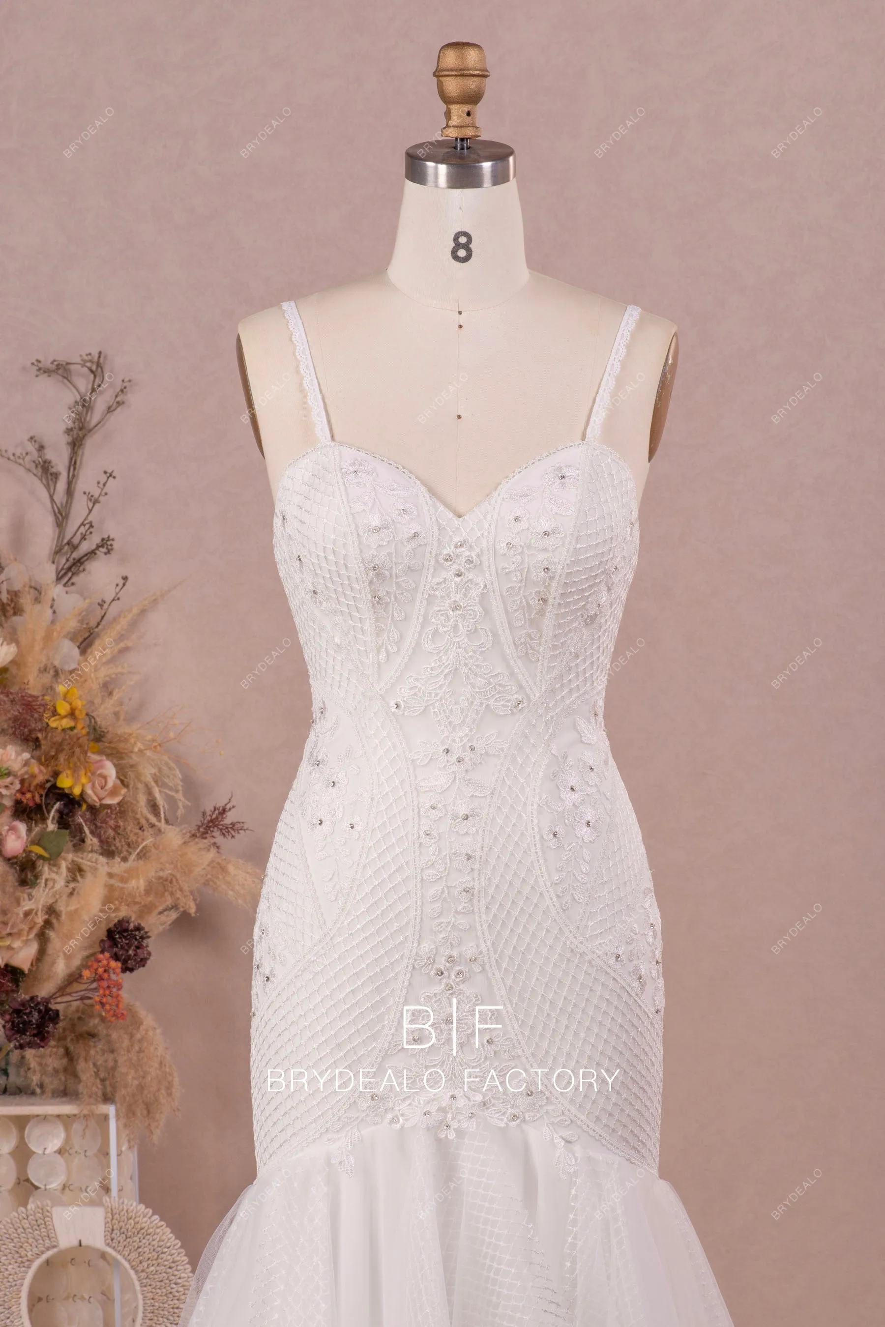 Spaghetti Straps Sweetheart Neck Rhinestones Lace Trumpet Wedding Dress