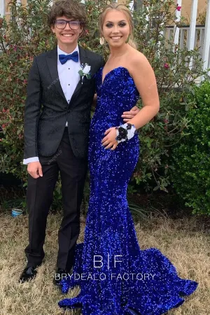 Sparkly Sequins Royal Blue Strapless Court Train Mermaid Prom Dress