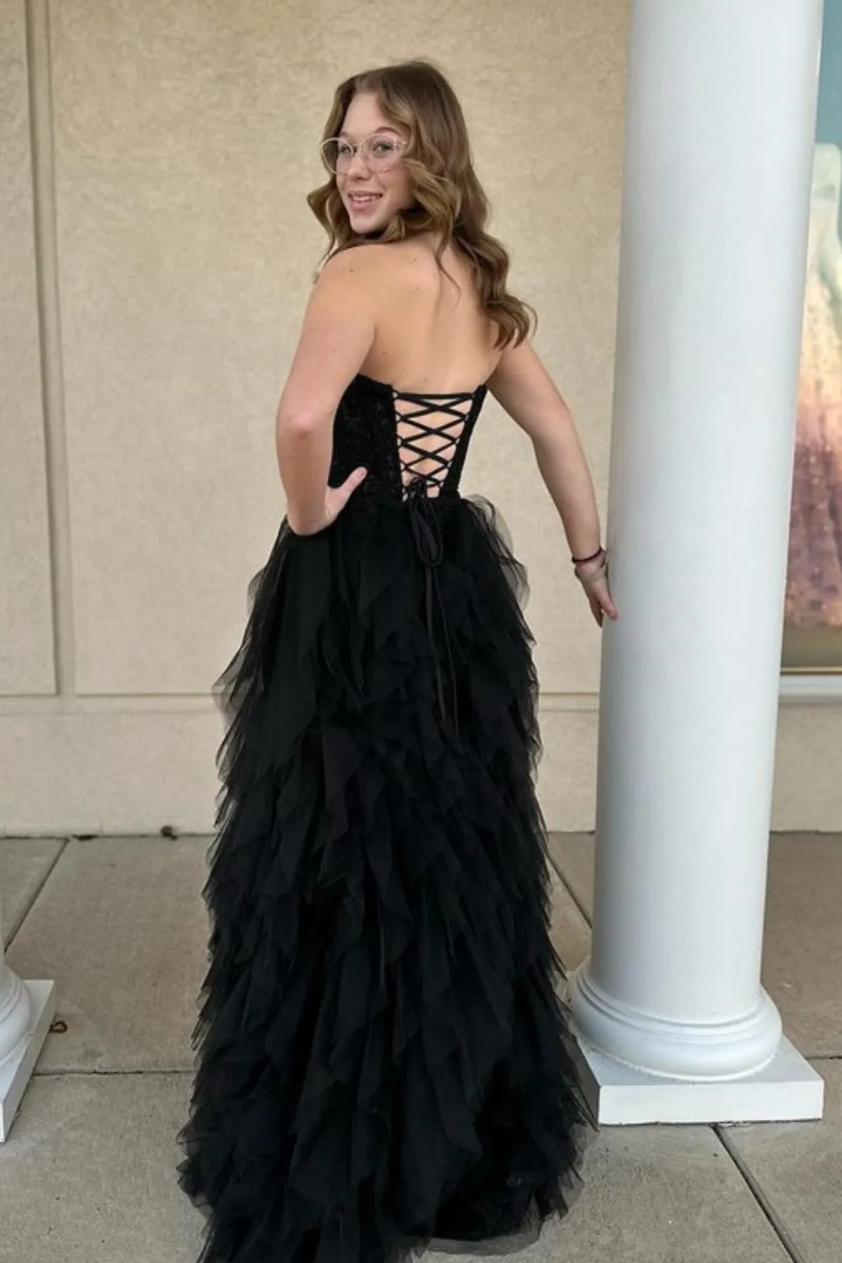 Strapless Black Lace Long Prom Dress with High Slit, Black Lace Formal Dress, Black Evening Dress A2124