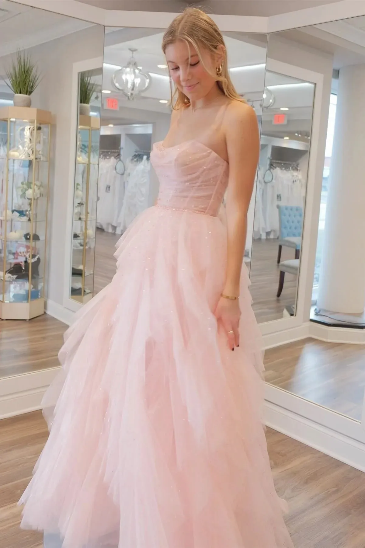 Strapless Sequins Fluffy Pink Long Prom Dress, Pink Formal Dress with Belt, Pink Tulle Evening Dress A2033