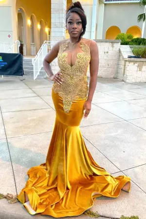 Stunning V-neck Gold Velvet Mermaid Long Prom Dress with Crystals