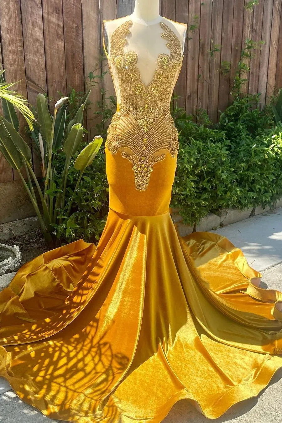 Stunning V-neck Gold Velvet Mermaid Long Prom Dress with Crystals