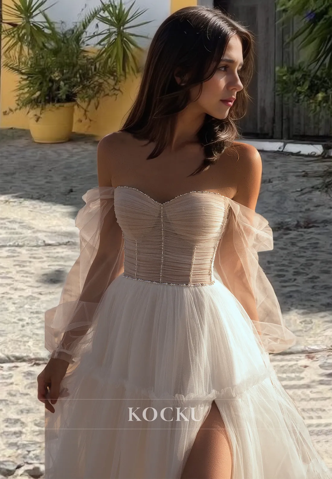 Sweetheart Off-Shoulder A-Line High Split Three Quarter Sleeves Lace Wedding Dress with Court Train