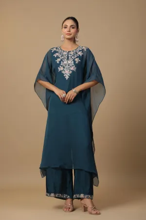 Teal Embellished Premium Organza Silk Kaftan Set