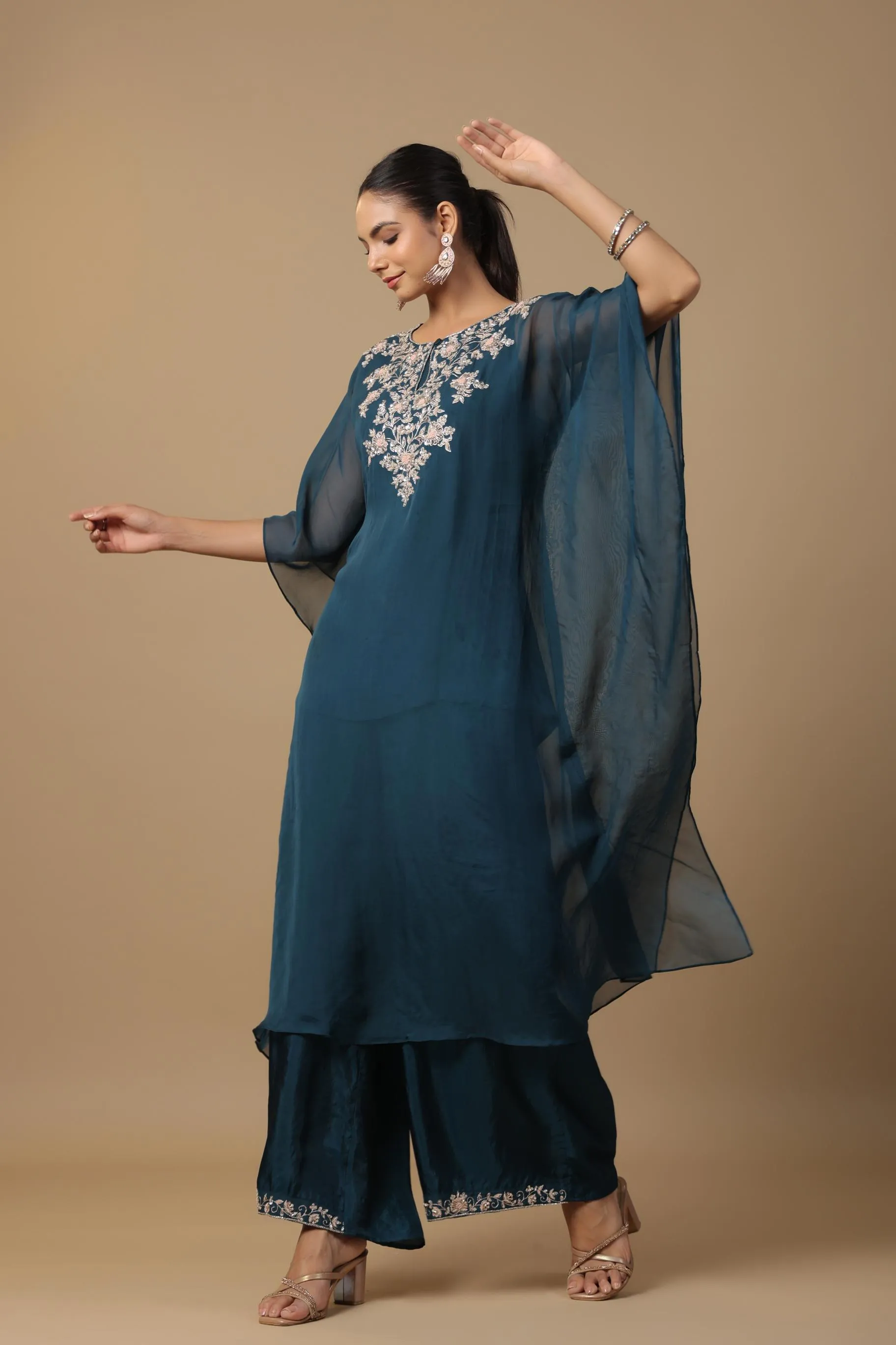 Teal Embellished Premium Organza Silk Kaftan Set