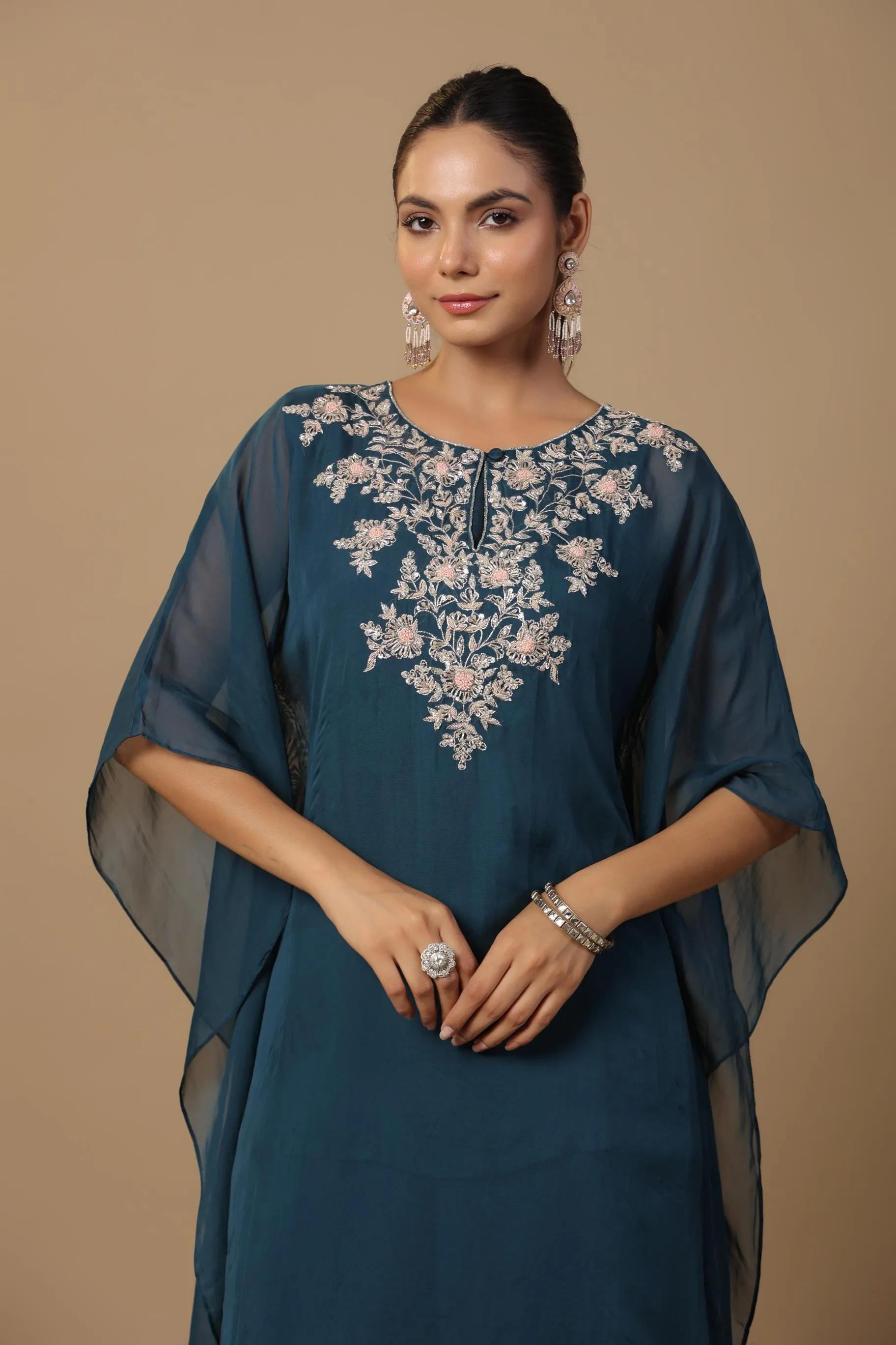 Teal Embellished Premium Organza Silk Kaftan Set