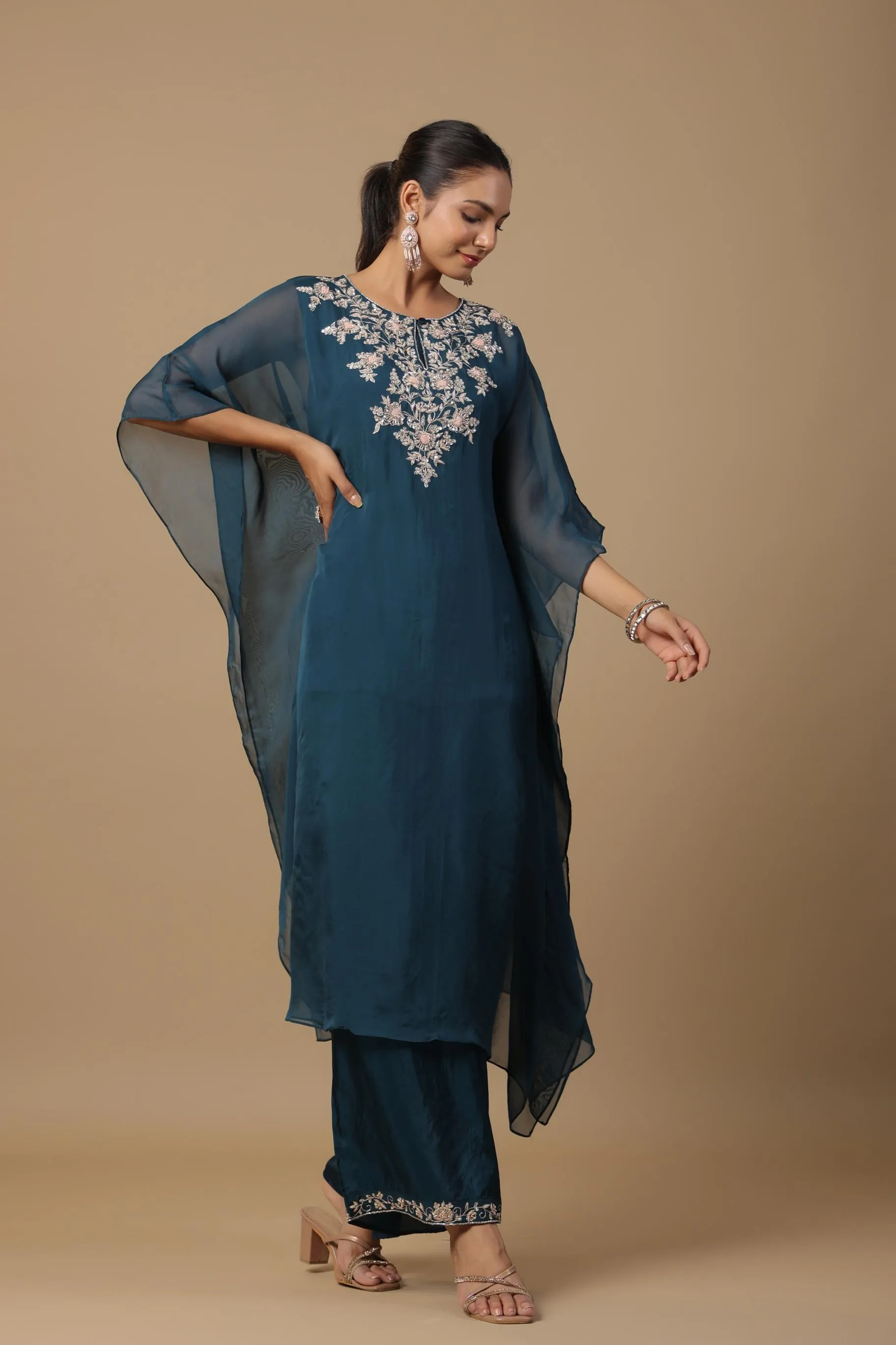 Teal Embellished Premium Organza Silk Kaftan Set