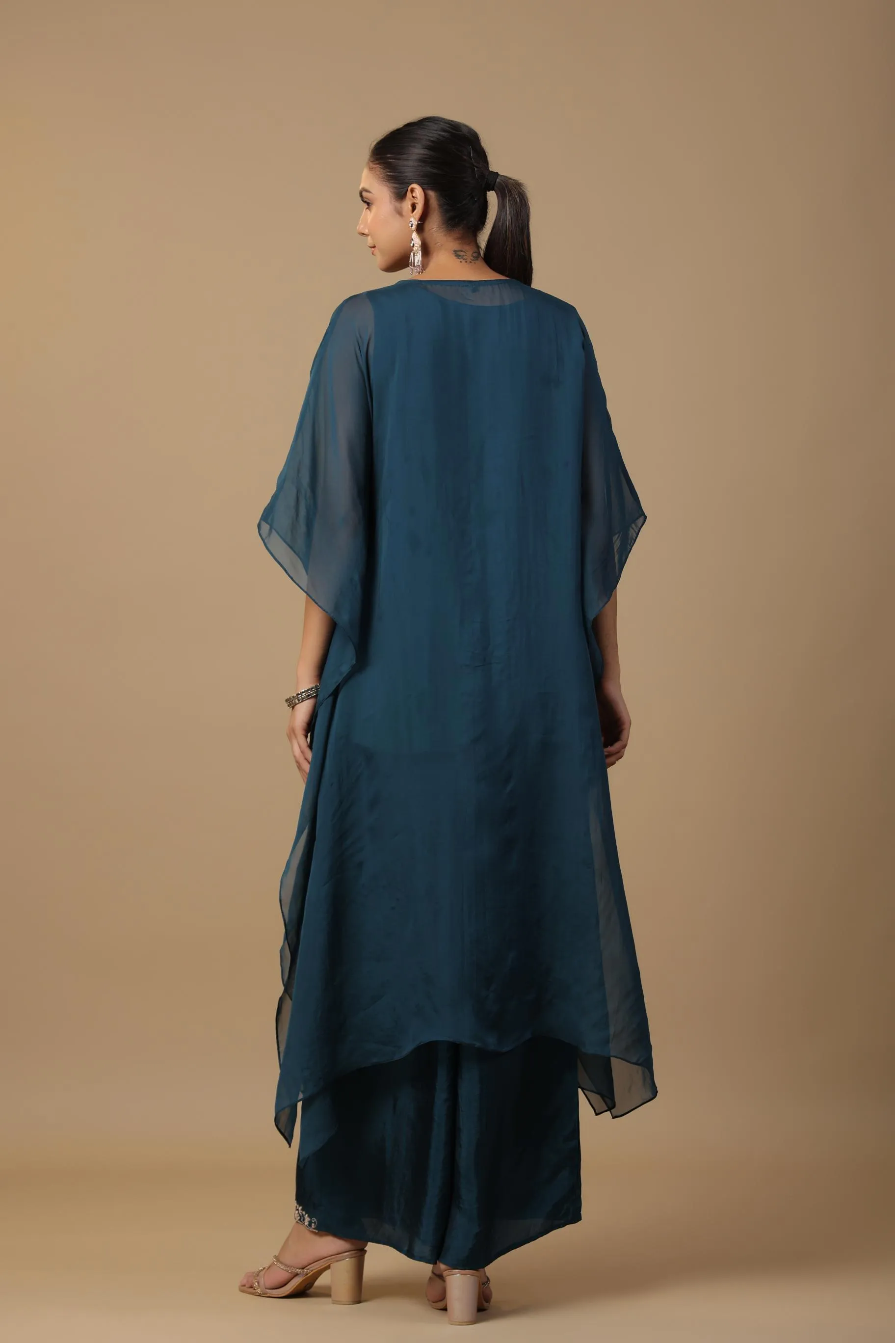 Teal Embellished Premium Organza Silk Kaftan Set