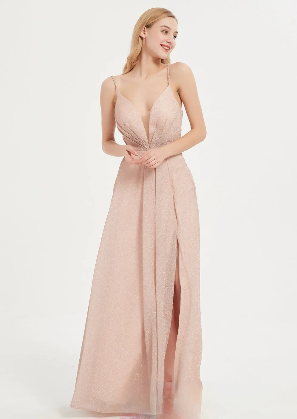 V-Neck Shinny Bridesmaid Dress with Criss Cross Back