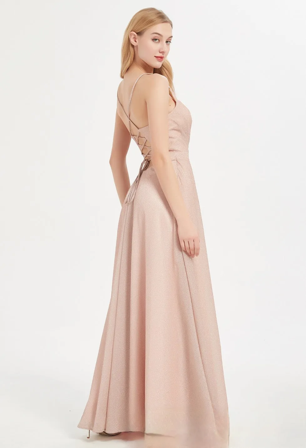 V-Neck Shinny Bridesmaid Dress with Criss Cross Back